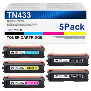 msotfun compatible tn433 high yield toner cartridge replacement for brother tn433 tn-433 hl-l8260cdw hl-l8360cdw mfc-l8610cdw mfc-l8900cdw printer (black cyan yellow magenta,5-pack)
