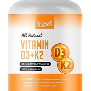 Vegan Vitamin D3 (5000iu/125mcg) + Vitamin K2 (100mcg as MK-7) for Optimal Absorption (90 Capsules 5000iu Each - 3 Month Supply) - Plant Based Vitamin D3 K2 Supplement - Non GMO, Gluten Free - Adults