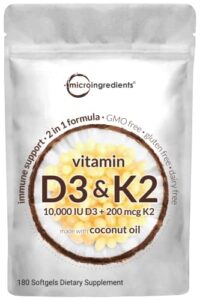 vitamin d3 10000 iu plus k2 (mk-7) 200 mcg, 180 virgin coconut oil softgels| 2 in 1 vitamins d & k complex | supports calcium absorption, bone, immune, & heart health – easy to swallow