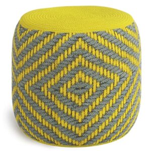 simplihome kent boho round woven outdoor/ indoor pouf in grey and yellow recycled pet polyester for the living room, family room, bedroom and kids room