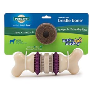 petsafe busy buddy bristle bone – treat-holding toy for dogs – treat rings included – treats thoroughly mixed during bake to prevent choking – rigorously tested ingredients – purple, medium