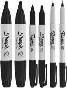 sharpie permanent markers, 6 pack assorted sizes, ultra fine tip, fine tip and chisel tip permanent markers – black (1 pack)