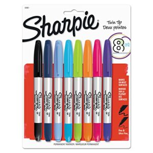 sharpie 33861pp twin-tip permanent marker, fine/ultra-fine bullet tips, assorted, 8/set