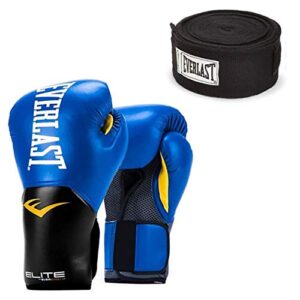 Everlast Blue Elite Pro Style Training Boxing Gloves 12 Ounce and Black 120 Inch Hand Wraps