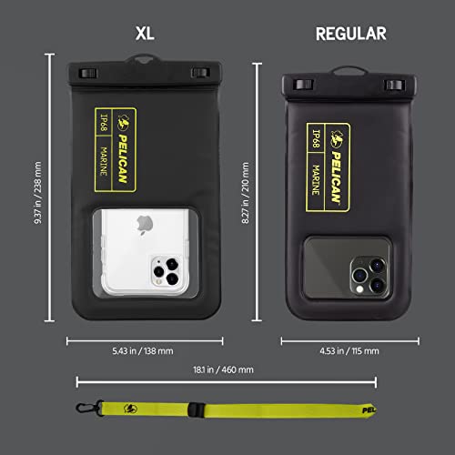 Pelican Marine - IP68 Waterproof Phone Pouch / Case (Regular Size) - Floating Waterproof Phone Case For iPhone 14 Pro Max/ 13 Pro Max/ 12 Pro Max/ 11/ S23 Ultra - Detachable Lanyard - Black/Yellow