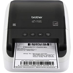 brother ql-1100c wide format wired professional monochrome postage and barcode direct thermal label printer, black and white – print via usb – 4″ wide, 300 x 300 dpi, 69 labels per minute, auto cutter