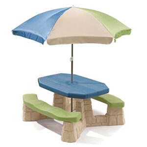 step2 naturally playful kids picnic table with umbrella – step2 outdoor toys with seating for 6 children – kids patio furniture blue & green with faux stone detail