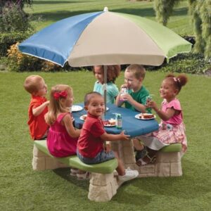 Step2 Naturally Playful Kids Picnic Table With Umbrella - Step2 Outdoor Toys with Seating for 6 Children - Kids Patio Furniture Blue & Green with Faux Stone Detail