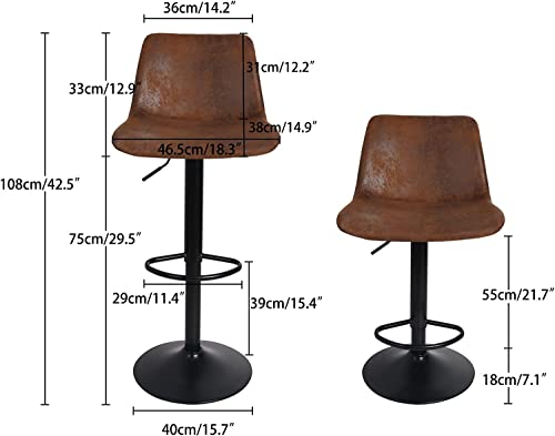 Bar Stools Set of 2 Counter Height | Bulk Continental | Swivel Barstools with Footrest and L Shape Back, Height Adjustable Modern Bar Chairs, Leather - Brown