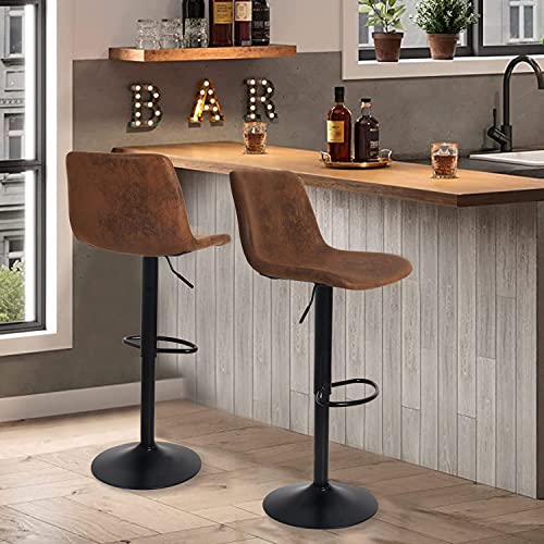 Bar Stools Set of 2 Counter Height | Bulk Continental | Swivel Barstools with Footrest and L Shape Back, Height Adjustable Modern Bar Chairs, Leather - Brown