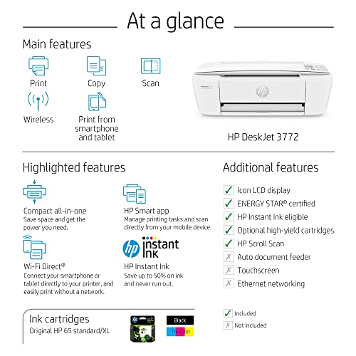 HP DeskJet 3772 All-in-One Wireless Color Inkjet Printer, Scan and Copy, Instant Ink Ready, T8W88A (Renewed)