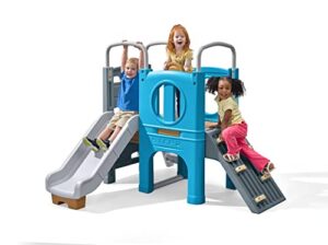 step2 scout & slide climber toddler playset – toddler play gym with elevated kids playhouse, kids slide, two climbing walls, steering wheel, and metal bars – dimensions 72.5″ x 70″ x 55.75″