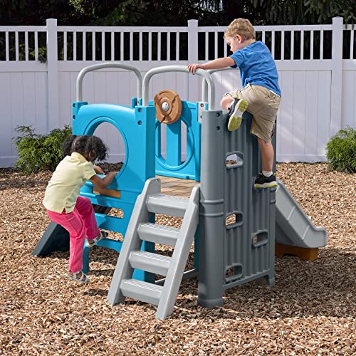 Step2 Scout & Slide Climber Toddler Playset – Toddler Play Gym with Elevated Kids Playhouse, Kids Slide, Two Climbing Walls, Steering Wheel, and Metal Bars – Dimensions 72.5" x 70" x 55.75"