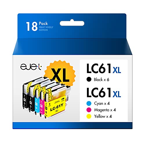 ejet LC61 LC-61 Compatible Ink Cartridges 18 Pack High Yield Ink Replacement for Brother LC61 Ink Cartridges for MFC Series: 490CW 495CW 6490CW 5890CN J140W (6 Black, 4 Cyan, 4 Magenta, 4 Yellow)