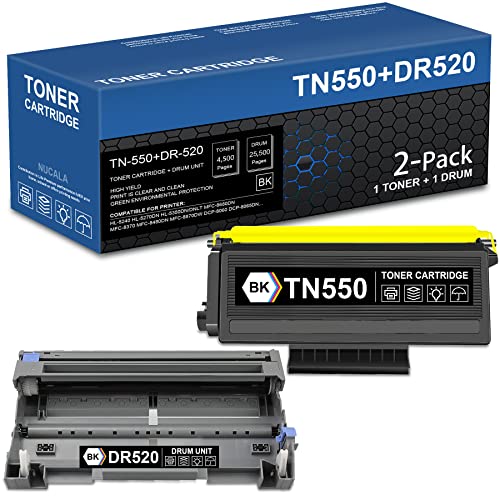 NUCALA Compatible TN-520 TN550 and DR520 DR-520 Toner Cartridge and Drum Unit Replacement for Brother HL-5370DW/DWT 5280DW 5350DN/DNLT DCP-8060 8065DN 8080DN Printer (1Toner+1Drum, 2 Pack Black)