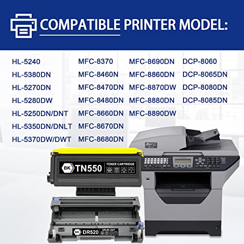 NUCALA Compatible TN-520 TN550 and DR520 DR-520 Toner Cartridge and Drum Unit Replacement for Brother HL-5370DW/DWT 5280DW 5350DN/DNLT DCP-8060 8065DN 8080DN Printer (1Toner+1Drum, 2 Pack Black)