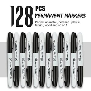 Buecs Permanent Markers, 128 Count Black Permanent Markers, Fine Point, Waterproof & Smear Proof Markers, Quick Drying, Office Supplies for School, Office, Home