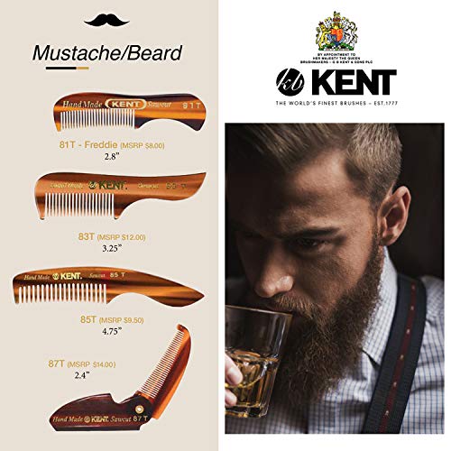 Kent 83T Small Gentleman's Beard and Mustache Pocket Comb, Fine Toothed Pocket Size for Facial Hair Grooming and Styling. Saw-cut of Quality Cellulose Acetate, Hand Polished. Hand-Made in England