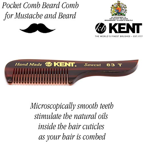 Kent 83T Small Gentleman's Beard and Mustache Pocket Comb, Fine Toothed Pocket Size for Facial Hair Grooming and Styling. Saw-cut of Quality Cellulose Acetate, Hand Polished. Hand-Made in England