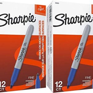 Sharpie 30003 Permanent Markers, 2 Packs of 12 Markers Each for a Total of 24 Markers, Blue; Alcohol-based Ink is Quick-drying and Nontoxic; Durable Ink is Fade-resistant and Water-resistant