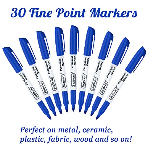 Permanent Markers,Shuttle Art 30 Pack Blue Permanent Marker set,Fine Point, Works on Plastic,Wood,Stone,Metal and Glass for Doodling, Marking