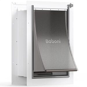 baboni pet door for wall, steel frame and telescoping tunnel, aluminum lock, double flap dog door and cat door, strong and durable (pets up to 100 lb) -large