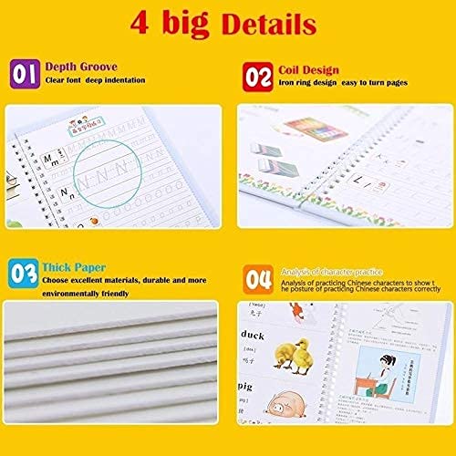 ASIGN Magic Ink Copybooks for Kids Reusable Handwriting Workbooks for Preschools Grooves Template Design and Handwriting Aid (4books+Pens)