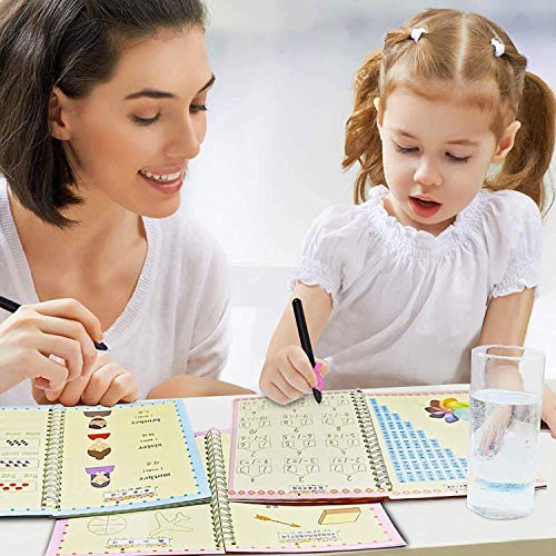 ASIGN Magic Ink Copybooks for Kids Reusable Handwriting Workbooks for Preschools Grooves Template Design and Handwriting Aid (4books+Pens)