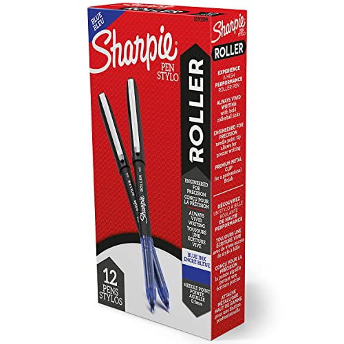 SHARPIE Rollerball Pen, Needle Point (0.5mm) Precision Pen, Blue Ink, 12 Count