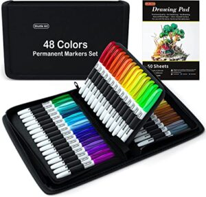 permanent markers, 48 colors fine point permanent marker assorted colors with travel case, ideal for adults coloring doodling on plastic, glass, wood and stone, gift for kids by shuttle art