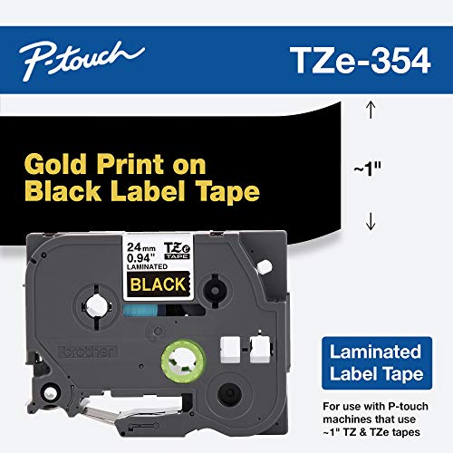 Brother Genuine P-Touch TZE-354 Tape, 1" (24 mm) Standard Laminated P-Touch Tape, Gold on Black, Laminated for Indoor or Outdoor Use, Water-Resistant, 26.2 ft (8 m), Single-Pack