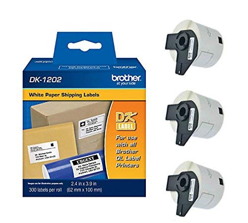 Brother Genuine DK-1202 3-Pack Die-Cut White Paper Shipping Labels for QL Printers, 2.4" x 3.9" (62mm x 100mm) Individual Label Size, 900 Total Labels