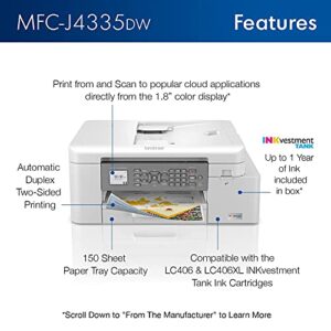 Brother MFC-J4335DW INKvestment Tank All-in-One Color Inkjet Printer, Print Scan Copy Fax, Auto 2-Sided Printing, Wireless Printing, 4800 x 1200 dpi, White - Bundle with JAWFOAL Printer Cable