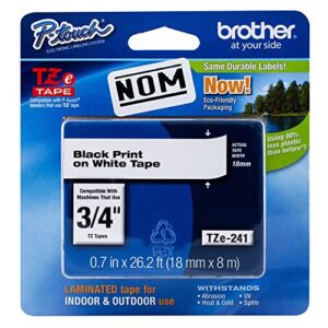 brother genuine p-touch tze-241 tape, 3/4″ (0.70″) standard laminated p-touch tape, black on white, perfect for indoor or outdoor use, water resistant, 26.2 feet (8m), single-pack