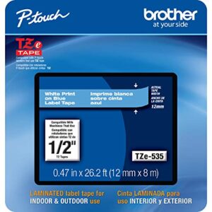 brother genuine p-touch, tze-535cs, 0.47” x 26.2’, white on blue laminated label tape