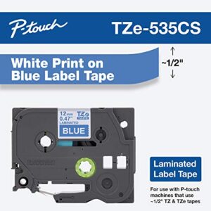 Brother Genuine P-touch, TZe-535CS, 0.47” x 26.2’, White on Blue Laminated Label Tape