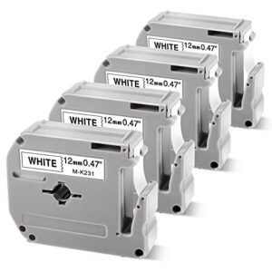 colorwing m-k231 replacement for brother p touch m tape m-k231s mk231 m231 for brother ptouch pt-m95 pt-90 pt-70 pt-65 pt-85 label maker refills, 12mm 0.47inch white, 4-pack