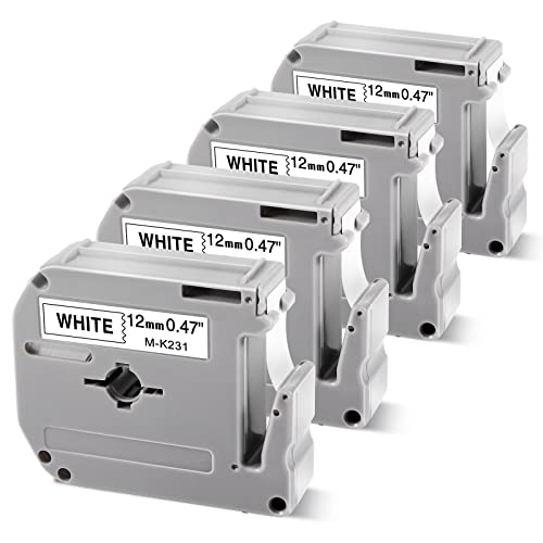 COLORWING M-K231 Replacement for Brother P Touch M Tape M-K231s MK231 M231 for Brother PTouch PT-M95 PT-90 PT-70 PT-65 PT-85 Label Maker Refills, 12mm 0.47inch White, 4-Pack