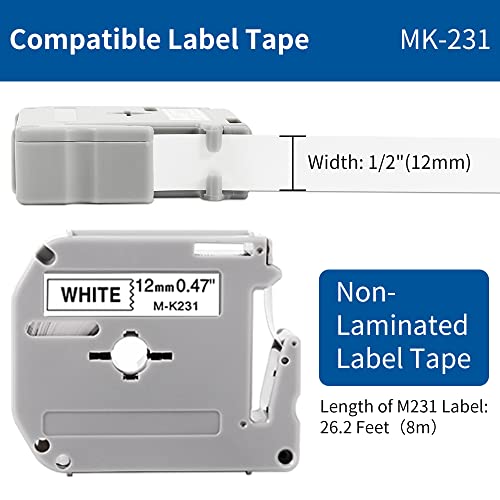 COLORWING M-K231 Replacement for Brother P Touch M Tape M-K231s MK231 M231 for Brother PTouch PT-M95 PT-90 PT-70 PT-65 PT-85 Label Maker Refills, 12mm 0.47inch White, 4-Pack