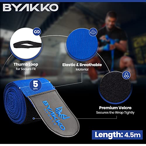 BYAKKO Boxing Hand Wraps Men Women - 180 Inch Elasticated Thumb Loop Bandages - Mexican Style Wrist Wrap Protection - Vendas de Boxeo for Muay Thai MMA Martial Arts Kickboxing - Premium Cotton Blend