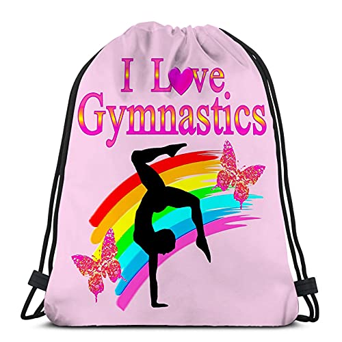 KENT HILL Pink I Love Gymnastics Design Pattern Print Drawstring Backpack.for Gym Shopping Sport Yoga.