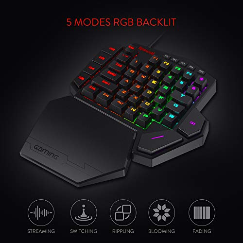 Redragon K585 DITI One-Handed RGB Mechanical Gaming Keyboard, Type-C Professional Gaming Keypad with 7 Onboard Macro Keys, Detachable Wrist Rest, 42 Keys (Black-Blue Switch)