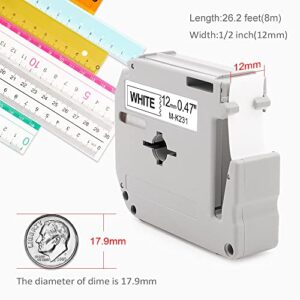 Buyalot M-K231 Label Tape Replacement for Brother P Touch M Tape M231 MK231 M-K231S 12mm 0.47 Inch Work with Brother P-Touch PT-M95 PT-45 PT-70BM PT-45M PT-90 PT-65 Label Makers,Black on White, 4-Pack