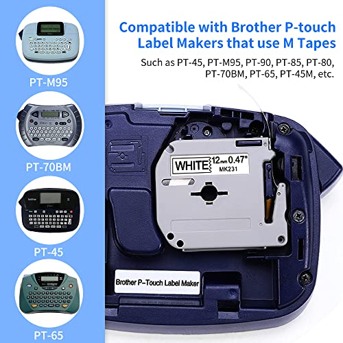 Buyalot M-K231 Label Tape Replacement for Brother P Touch M Tape M231 MK231 M-K231S 12mm 0.47 Inch Work with Brother P-Touch PT-M95 PT-45 PT-70BM PT-45M PT-90 PT-65 Label Makers,Black on White, 4-Pack