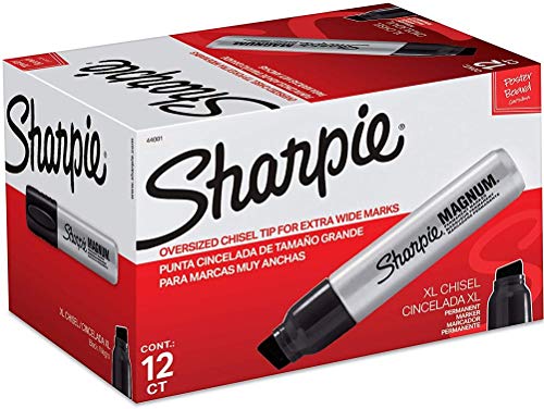 Sharpie 44001 Oversized Chisel Tip Extra Wide Magnum Permanent Marker, Black, Sturdy Extra-wide Felt Chisel Tip, Quick-drying Ink is Fade-and Water-Resistant, 12 Marker Per Box