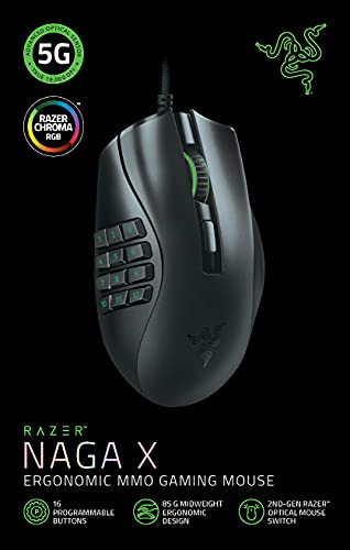 Razer Naga X - Ergonomic MMO Gaming Mouse with 16 Programmable Buttons (Optical Mouse Switches, 5G Optical Sensor, Chroma RGB, Speedflex Cable) Black