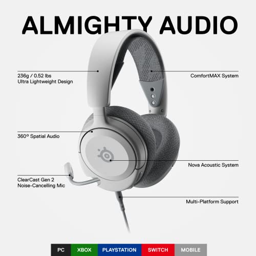 NEW SteelSeries Arctis Nova 1 Multi-System Gaming Headset — Hi-Fi Drivers — 360° Spatial Audio — Comfort Design — Durable — Ultra Lightweight — Noise-Cancelling Mic — PC, PS5/PS4, Switch, Xbox - White