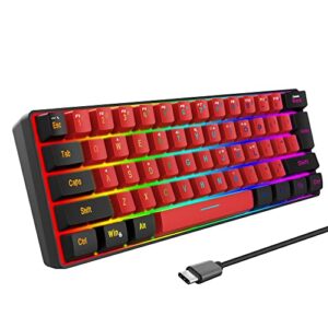 snpurdiri 60% wired gaming keyboard,true rgb mini keyboard, waterproof small compact 61 keys keyboard for pc/mac gamer, typist, travel, easy to carry on business trip(black-red)