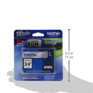 Brother Genuine P-Touch TZE-141 Tape, 3/4" (0.7") Standard Laminated P-Touch Tape, Black on Clear, Laminated for Indoor or Outdoor Use, Water-Resistant, 26.2 ft (8 m), Single-Pack