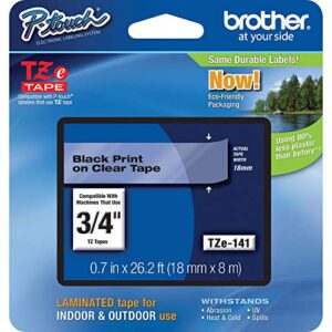 brother genuine p-touch tze-141 tape, 3/4″ (0.7″) standard laminated p-touch tape, black on clear, laminated for indoor or outdoor use, water-resistant, 26.2 ft (8 m), single-pack